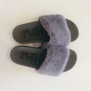Mad Love Gray Faux Fur Soft Fluffy Slides